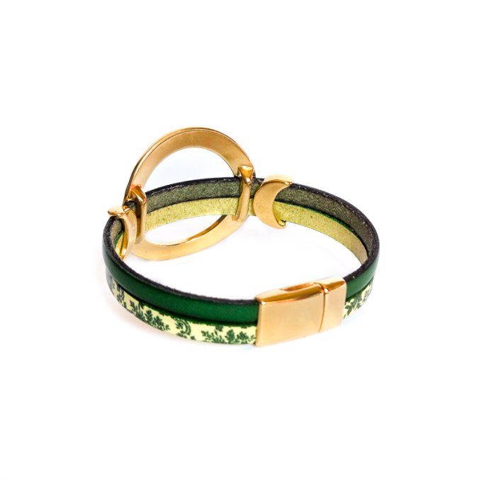 Bracelet cuir anneaux chic vert floral