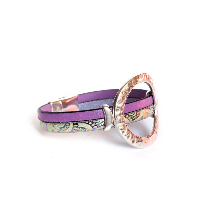 Bracelet cuir anneaux chic lilas arc-en-ciel