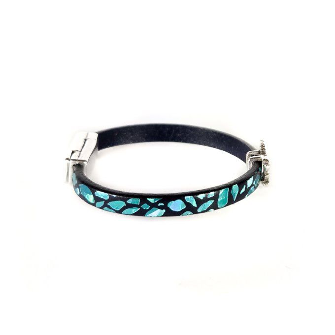 Bracelet CréaCuir Kids noir et bleu brillant