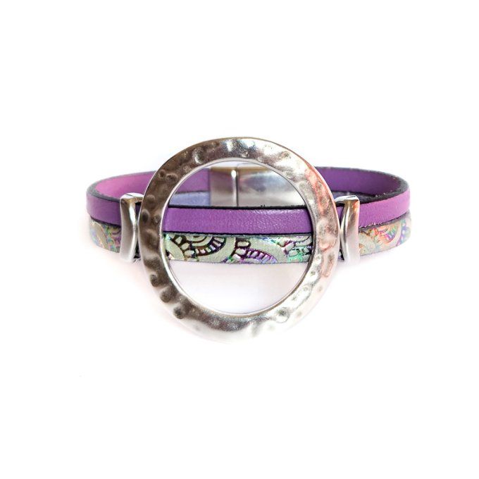 Bracelet cuir anneaux chic lilas arc-en-ciel