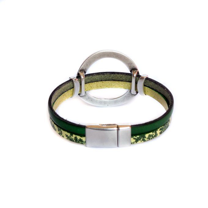 Bracelet cuir anneaux chic vert floral