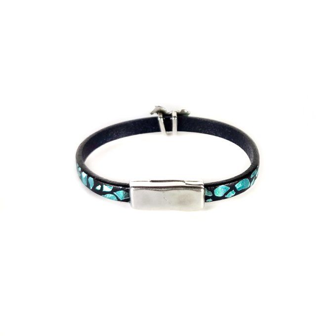 Bracelet CréaCuir Kids noir et bleu brillant