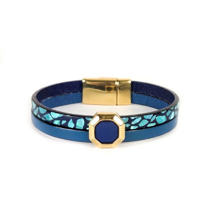 Bracelet Cuir & Charms Créatifs bleu lézard brillant