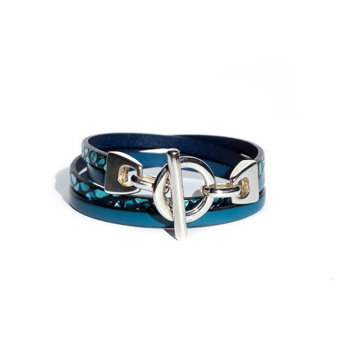 Bracelet cuir Toggle Charm bleu jean et lézard