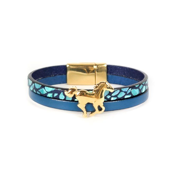 Bracelet Cuir & Charms Créatifs bleu lézard brillant