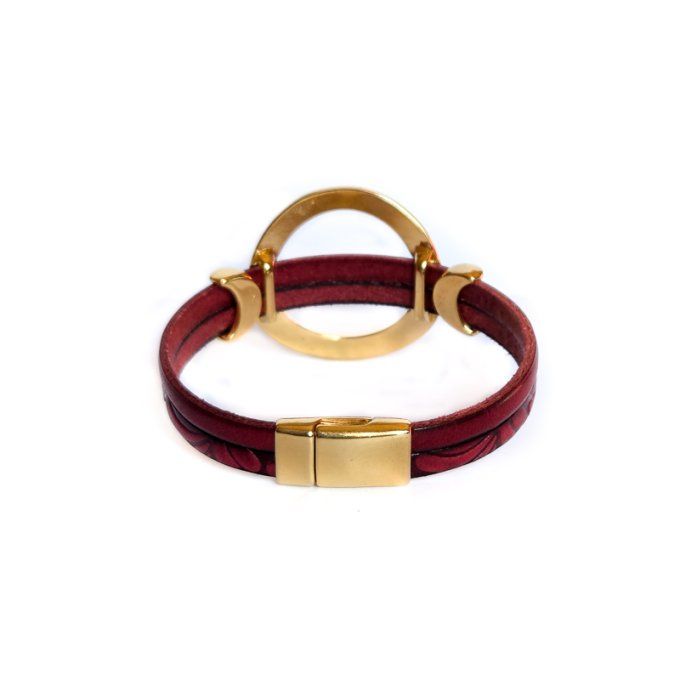 Bracelet cuir anneaux chic rouge