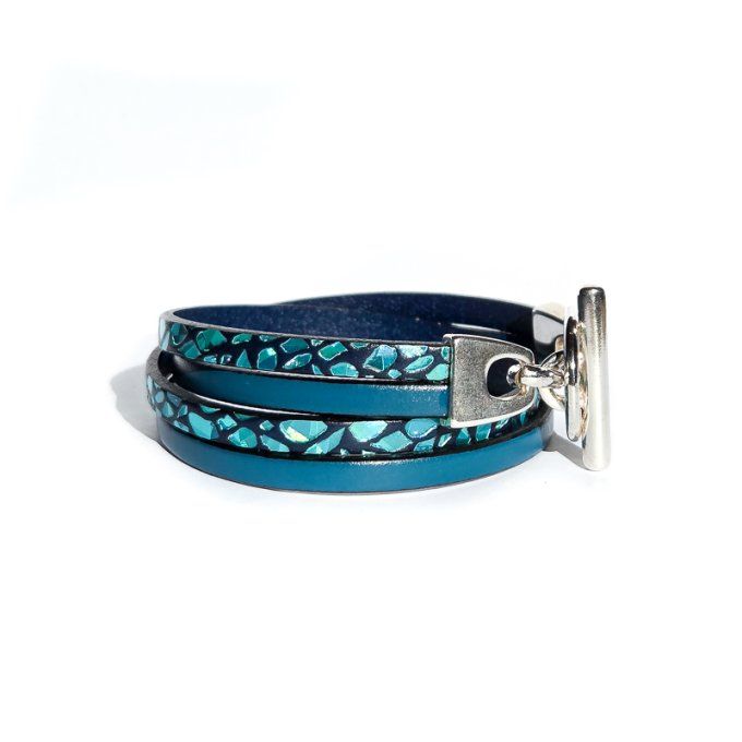 Bracelet cuir Toggle Charm bleu jean et lézard