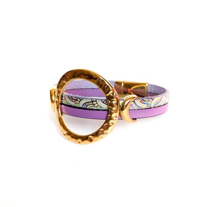 Bracelet cuir anneaux chic lilas arc-en-ciel