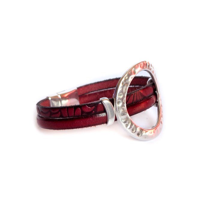 Bracelet cuir anneaux chic rouge