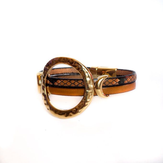 Bracelet cuir anneaux chic camel lézard