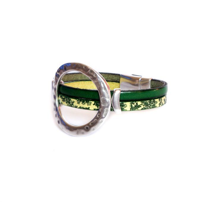 Bracelet cuir anneaux chic vert floral