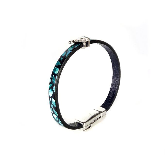 Bracelet CréaCuir Kids noir et bleu brillant