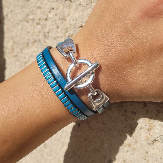 Bracelet cuir Toggle Charm bleu turquoise