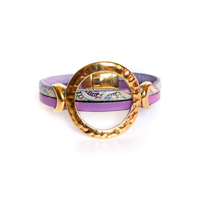 Bracelet cuir anneaux chic lilas arc-en-ciel