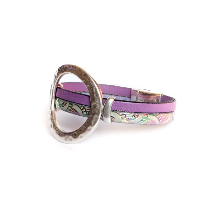 Bracelet cuir anneaux chic lilas arc-en-ciel