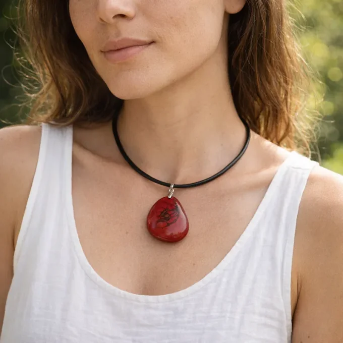 Collier pendentif Tagua rouge