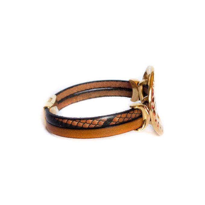 Bracelet cuir anneaux chic camel lézard